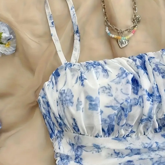 Blue and White Floral Midi Dress - Picture 3 of 7